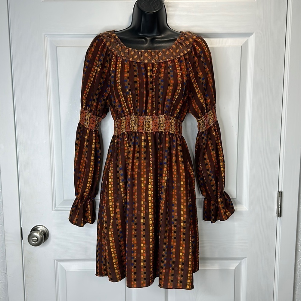 Anna Sui x Target Geometric Print Puff Long Sleeve Mini Dress Brown Sz XS